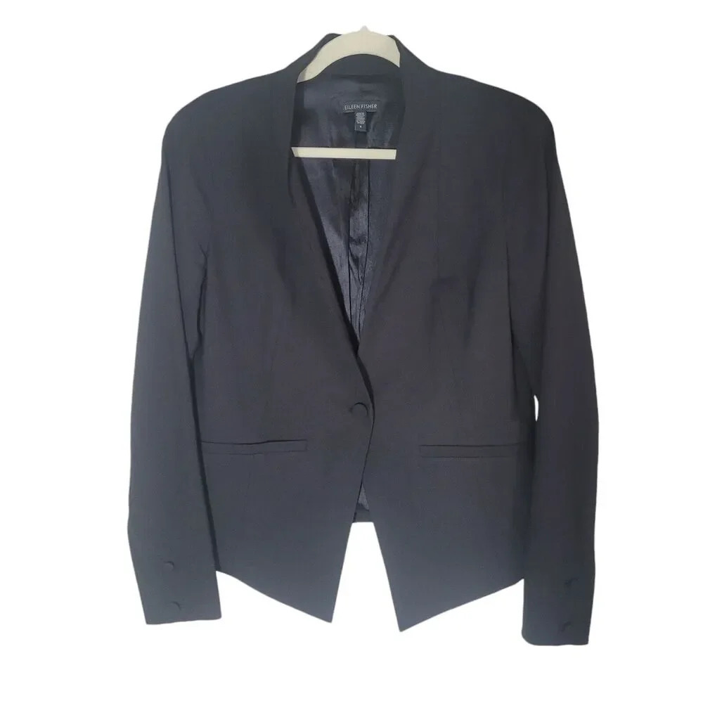Eileen Fisher Tropical Suiting Blazer Jacket Women's Size 6 Black Wool Blend